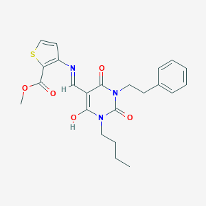 molecular formula C23H25N3O5S B429204 Methyl 3-({[1-butyl-2,4,6-trioxo-3-(2-phenylethyl)tetrahydropyrimidin-5(2H)-ylidene]methyl}amino)thiophene-2-carboxylate 