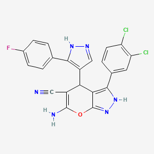 molecular formula C22H13Cl2FN6O B4292060 6-amino-3-(3,4-dichlorophenyl)-4-[3-(4-fluorophenyl)-1H-pyrazol-4-yl]-1,4-dihydropyrano[2,3-c]pyrazole-5-carbonitrile 