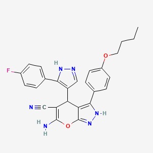 molecular formula C26H23FN6O2 B4292100 6-amino-3-(4-butoxyphenyl)-4-[3-(4-fluorophenyl)-1H-pyrazol-4-yl]-1,4-dihydropyrano[2,3-c]pyrazole-5-carbonitrile 