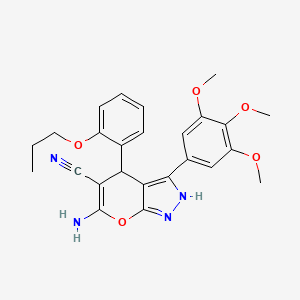 molecular formula C25H26N4O5 B4292101 6-amino-4-(2-propoxyphenyl)-3-(3,4,5-trimethoxyphenyl)-1,4-dihydropyrano[2,3-c]pyrazole-5-carbonitrile 