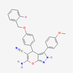 molecular formula C27H21FN4O3 B4292104 6-amino-4-{4-[(2-fluorobenzyl)oxy]phenyl}-3-(4-methoxyphenyl)-1,4-dihydropyrano[2,3-c]pyrazole-5-carbonitrile 