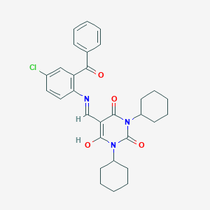 molecular formula C30H32ClN3O4 B429213 5-[(2-benzoyl-4-chloroanilino)methylene]-1,3-dicyclohexyl-2,4,6(1H,3H,5H)-pyrimidinetrione 