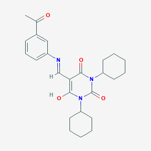 molecular formula C25H31N3O4 B429214 5-[(3-acetylanilino)methylene]-1,3-dicyclohexyl-2,4,6(1H,3H,5H)-pyrimidinetrione 