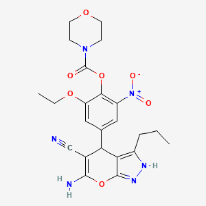 molecular formula C23H26N6O7 B4292142 4-(6-amino-5-cyano-3-propyl-1,4-dihydropyrano[2,3-c]pyrazol-4-yl)-2-ethoxy-6-nitrophenyl morpholine-4-carboxylate 