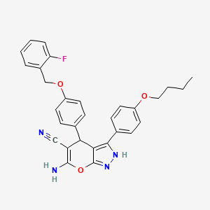 molecular formula C30H27FN4O3 B4292179 6-amino-3-(4-butoxyphenyl)-4-{4-[(2-fluorobenzyl)oxy]phenyl}-1,4-dihydropyrano[2,3-c]pyrazole-5-carbonitrile 