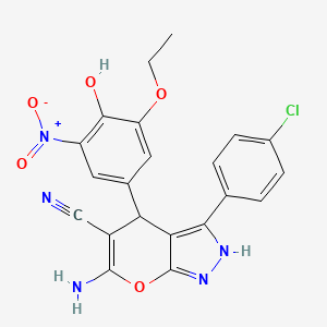 molecular formula C21H16ClN5O5 B4292216 6-amino-3-(4-chlorophenyl)-4-(3-ethoxy-4-hydroxy-5-nitrophenyl)-1,4-dihydropyrano[2,3-c]pyrazole-5-carbonitrile 