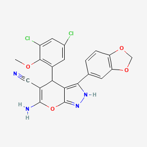 molecular formula C21H14Cl2N4O4 B4292217 6-amino-3-(1,3-benzodioxol-5-yl)-4-(3,5-dichloro-2-methoxyphenyl)-1,4-dihydropyrano[2,3-c]pyrazole-5-carbonitrile 