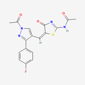 molecular formula C17H13FN4O3S B4292340 N-(5-{[1-acetyl-3-(4-fluorophenyl)-1H-pyrazol-4-yl]methylene}-4-oxo-1,3-thiazolidin-2-ylidene)acetamide 