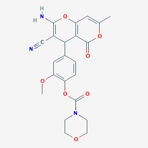 molecular formula C22H21N3O7 B4292380 4-(2-amino-3-cyano-7-methyl-5-oxo-4H,5H-pyrano[4,3-b]pyran-4-yl)-2-methoxyphenyl morpholine-4-carboxylate 