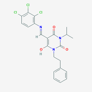 molecular formula C22H20Cl3N3O3 B429261 1-isopropyl-3-(2-phenylethyl)-5-[(2,3,4-trichloroanilino)methylene]-2,4,6(1H,3H,5H)-pyrimidinetrione 