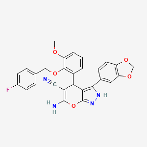molecular formula C28H21FN4O5 B4292638 6-amino-3-(1,3-benzodioxol-5-yl)-4-{2-[(4-fluorobenzyl)oxy]-3-methoxyphenyl}-1,4-dihydropyrano[2,3-c]pyrazole-5-carbonitrile 