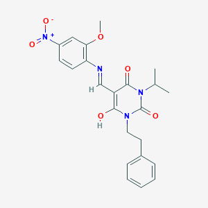 molecular formula C23H24N4O6 B429266 5-({4-nitro-2-methoxyanilino}methylene)-1-isopropyl-3-(2-phenylethyl)-2,4,6(1H,3H,5H)-pyrimidinetrione 