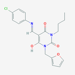 molecular formula C20H20ClN3O4 B429272 1-butyl-5-[(4-chloroanilino)methylene]-3-(2-furylmethyl)-2,4,6(1H,3H,5H)-pyrimidinetrione 