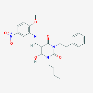 molecular formula C24H26N4O6 B429294 1-butyl-5-({5-nitro-2-methoxyanilino}methylene)-3-(2-phenylethyl)-2,4,6(1H,3H,5H)-pyrimidinetrione 