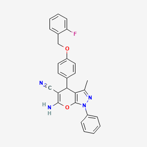 molecular formula C27H21FN4O2 B4292940 6-amino-4-{4-[(2-fluorobenzyl)oxy]phenyl}-3-methyl-1-phenyl-1,4-dihydropyrano[2,3-c]pyrazole-5-carbonitrile 