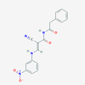 molecular formula C18H14N4O4 B429299 2-cyano-3-{3-nitroanilino}-N-(phenylacetyl)acrylamide 