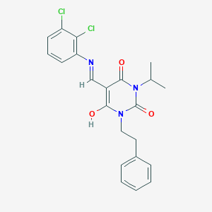 molecular formula C22H21Cl2N3O3 B429320 5-[(2,3-dichloroanilino)methylene]-1-isopropyl-3-(2-phenylethyl)-2,4,6(1H,3H,5H)-pyrimidinetrione 