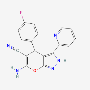 molecular formula C18H12FN5O B4293279 6-amino-4-(4-fluorophenyl)-3-pyridin-2-yl-1,4-dihydropyrano[2,3-c]pyrazole-5-carbonitrile 