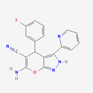 molecular formula C18H12FN5O B4293291 6-amino-4-(3-fluorophenyl)-3-pyridin-2-yl-1,4-dihydropyrano[2,3-c]pyrazole-5-carbonitrile 
