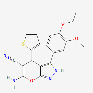 molecular formula C20H18N4O3S B4293323 6-amino-3-(4-ethoxy-3-methoxyphenyl)-4-(2-thienyl)-1,4-dihydropyrano[2,3-c]pyrazole-5-carbonitrile 