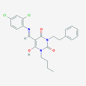 molecular formula C23H23Cl2N3O3 B429338 1-butyl-5-[(2,4-dichloroanilino)methylene]-3-(2-phenylethyl)-2,4,6(1H,3H,5H)-pyrimidinetrione 