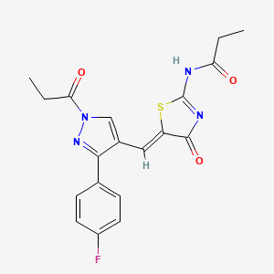 molecular formula C19H17FN4O3S B4293420 N-(5-{[3-(4-fluorophenyl)-1-propionyl-1H-pyrazol-4-yl]methylene}-4-oxo-1,3-thiazolidin-2-ylidene)propanamide 