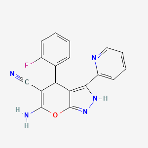 molecular formula C18H12FN5O B4293466 6-amino-4-(2-fluorophenyl)-3-pyridin-2-yl-1,4-dihydropyrano[2,3-c]pyrazole-5-carbonitrile 