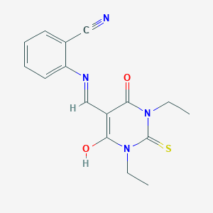 molecular formula C16H16N4O2S B429348 2-{[(1,3-diethyl-4,6-dioxo-2-thioxotetrahydro-5(2H)-pyrimidinylidene)methyl]amino}benzonitrile 