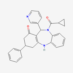 molecular formula C28H25N3O2 B4293485 10-(cyclopropylcarbonyl)-3-phenyl-11-pyridin-3-yl-2,3,4,5,10,11-hexahydro-1H-dibenzo[b,e][1,4]diazepin-1-one 