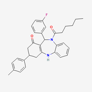 molecular formula C32H33FN2O2 B4293486 11-(3-fluorophenyl)-10-hexanoyl-3-(4-methylphenyl)-2,3,4,5,10,11-hexahydro-1H-dibenzo[b,e][1,4]diazepin-1-one 