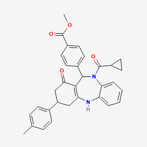 molecular formula C32H30N2O4 B4293494 methyl 4-[10-(cyclopropylcarbonyl)-3-(4-methylphenyl)-1-oxo-2,3,4,5,10,11-hexahydro-1H-dibenzo[b,e][1,4]diazepin-11-yl]benzoate 