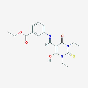 molecular formula C18H21N3O4S B429351 ethyl 3-{[(1,3-diethyl-4,6-dioxo-2-thioxotetrahydro-5(2H)-pyrimidinylidene)methyl]amino}benzoate 