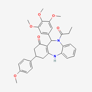 molecular formula C32H34N2O6 B4293546 3-(4-methoxyphenyl)-10-propionyl-11-(3,4,5-trimethoxyphenyl)-2,3,4,5,10,11-hexahydro-1H-dibenzo[b,e][1,4]diazepin-1-one 