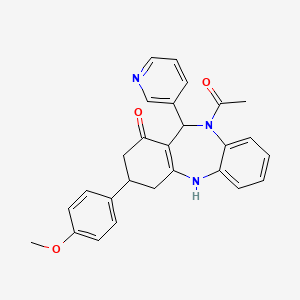 molecular formula C27H25N3O3 B4293569 10-acetyl-3-(4-methoxyphenyl)-11-pyridin-3-yl-2,3,4,5,10,11-hexahydro-1H-dibenzo[b,e][1,4]diazepin-1-one 
