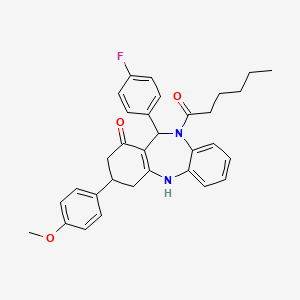 molecular formula C32H33FN2O3 B4293574 11-(4-fluorophenyl)-10-hexanoyl-3-(4-methoxyphenyl)-2,3,4,5,10,11-hexahydro-1H-dibenzo[b,e][1,4]diazepin-1-one 