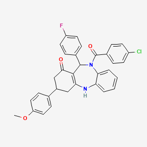 molecular formula C33H26ClFN2O3 B4293578 10-(4-chlorobenzoyl)-11-(4-fluorophenyl)-3-(4-methoxyphenyl)-2,3,4,5,10,11-hexahydro-1H-dibenzo[b,e][1,4]diazepin-1-one 