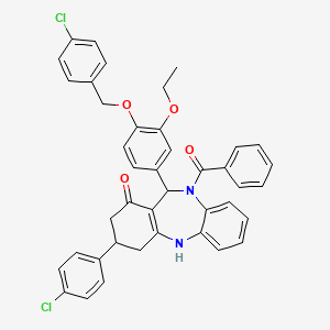 molecular formula C41H34Cl2N2O4 B4293598 10-benzoyl-11-{4-[(4-chlorobenzyl)oxy]-3-ethoxyphenyl}-3-(4-chlorophenyl)-2,3,4,5,10,11-hexahydro-1H-dibenzo[b,e][1,4]diazepin-1-one 