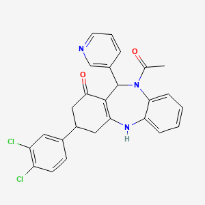 molecular formula C26H21Cl2N3O2 B4293615 10-acetyl-3-(3,4-dichlorophenyl)-11-pyridin-3-yl-2,3,4,5,10,11-hexahydro-1H-dibenzo[b,e][1,4]diazepin-1-one 