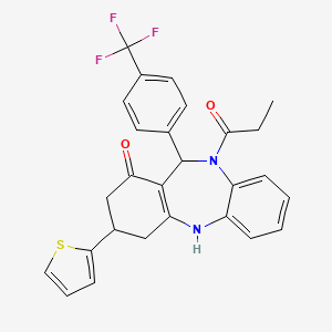 molecular formula C27H23F3N2O2S B4293618 10-propionyl-3-(2-thienyl)-11-[4-(trifluoromethyl)phenyl]-2,3,4,5,10,11-hexahydro-1H-dibenzo[b,e][1,4]diazepin-1-one 
