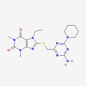 molecular formula C18H25N9O2S B4293709 8-{[(4-amino-6-piperidin-1-yl-1,3,5-triazin-2-yl)methyl]thio}-7-ethyl-1,3-dimethyl-3,7-dihydro-1H-purine-2,6-dione 