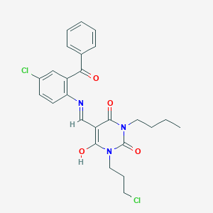 molecular formula C25H25Cl2N3O4 B429385 5-[(2-benzoyl-4-chloroanilino)methylene]-1-butyl-3-(3-chloropropyl)-2,4,6(1H,3H,5H)-pyrimidinetrione 