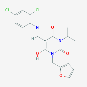 molecular formula C19H17Cl2N3O4 B429386 5-[(2,4-dichloroanilino)methylene]-1-(2-furylmethyl)-3-isopropyl-2,4,6(1H,3H,5H)-pyrimidinetrione 