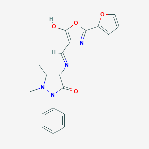 molecular formula C19H16N4O4 B429395 4-({[2-(2-furyl)-5-hydroxy-1,3-oxazol-4-yl]methylene}amino)-1,5-dimethyl-2-phenyl-1,2-dihydro-3H-pyrazol-3-one 