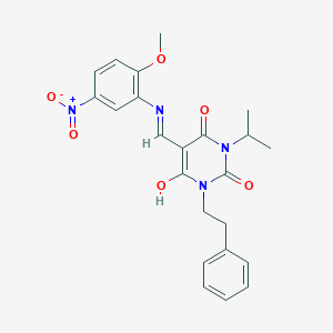 molecular formula C23H24N4O6 B429396 5-({5-nitro-2-methoxyanilino}methylene)-1-isopropyl-3-(2-phenylethyl)-2,4,6(1H,3H,5H)-pyrimidinetrione 