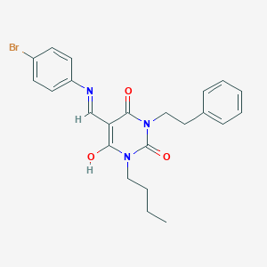 molecular formula C23H24BrN3O3 B429400 5-[(4-bromoanilino)methylene]-1-butyl-3-(2-phenylethyl)-2,4,6(1H,3H,5H)-pyrimidinetrione 