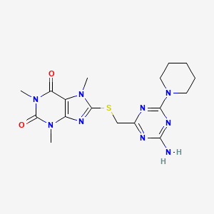 molecular formula C17H23N9O2S B4294107 8-{[(4-amino-6-piperidin-1-yl-1,3,5-triazin-2-yl)methyl]thio}-1,3,7-trimethyl-3,7-dihydro-1H-purine-2,6-dione 