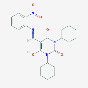 molecular formula C23H28N4O5 B429417 1,3-dicyclohexyl-5-({2-nitroanilino}methylene)pyrimidine-2,4,6(1H,3H,5H)-trione 