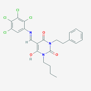 molecular formula C23H21Cl4N3O3 B429418 1-butyl-3-(2-phenylethyl)-5-[(2,3,4,5-tetrachloroanilino)methylene]-2,4,6(1H,3H,5H)-pyrimidinetrione 