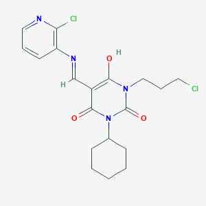 molecular formula C19H22Cl2N4O3 B429420 1-(3-Chloropropyl)-5-[[(2-chloro-3-pyridinyl)amino]methylidene]-3-cyclohexyl-1,3-diazinane-2,4,6-trione 
