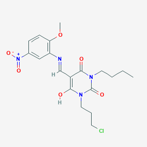 molecular formula C19H23ClN4O6 B429441 1-butyl-3-(3-chloropropyl)-5-({5-nitro-2-methoxyanilino}methylene)-2,4,6(1H,3H,5H)-pyrimidinetrione 